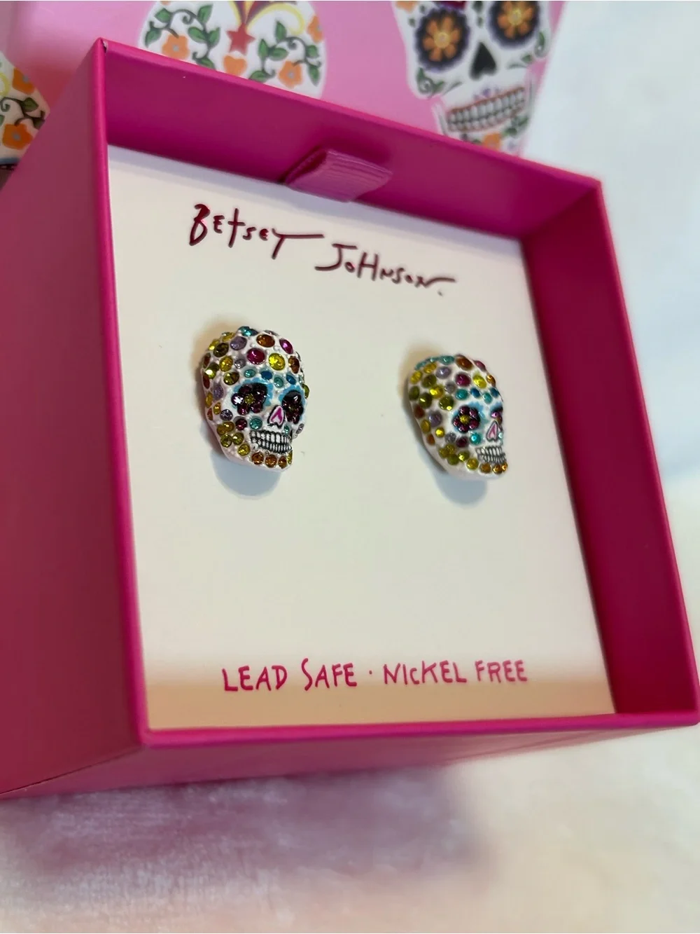 Betsey Johnson White Sugar Skull Crystal Stud Earrings NWT